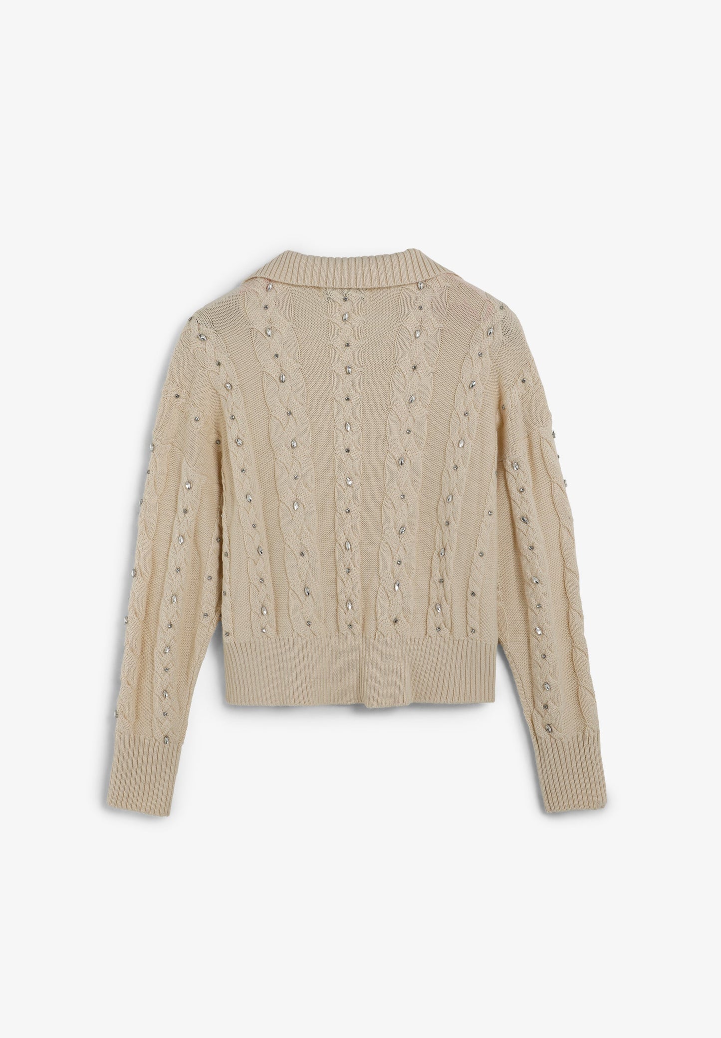 CABLE KNIT POLO SWEATER WITH RHINESTONES