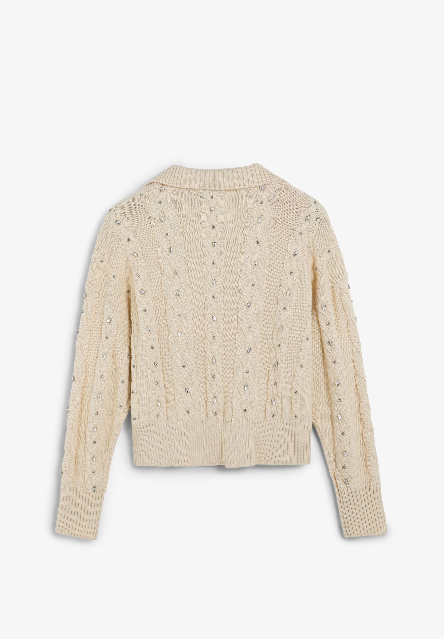 CABLE KNIT POLO SWEATER WITH RHINESTONES
