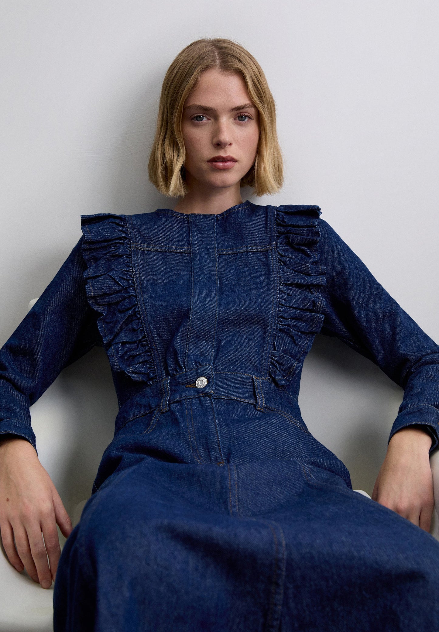 DENIM DRESS WITH RUFFLE