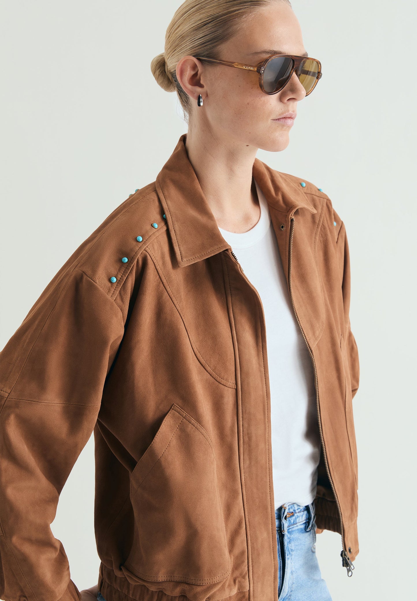 STUDDED SUEDE BOMBER JACKET