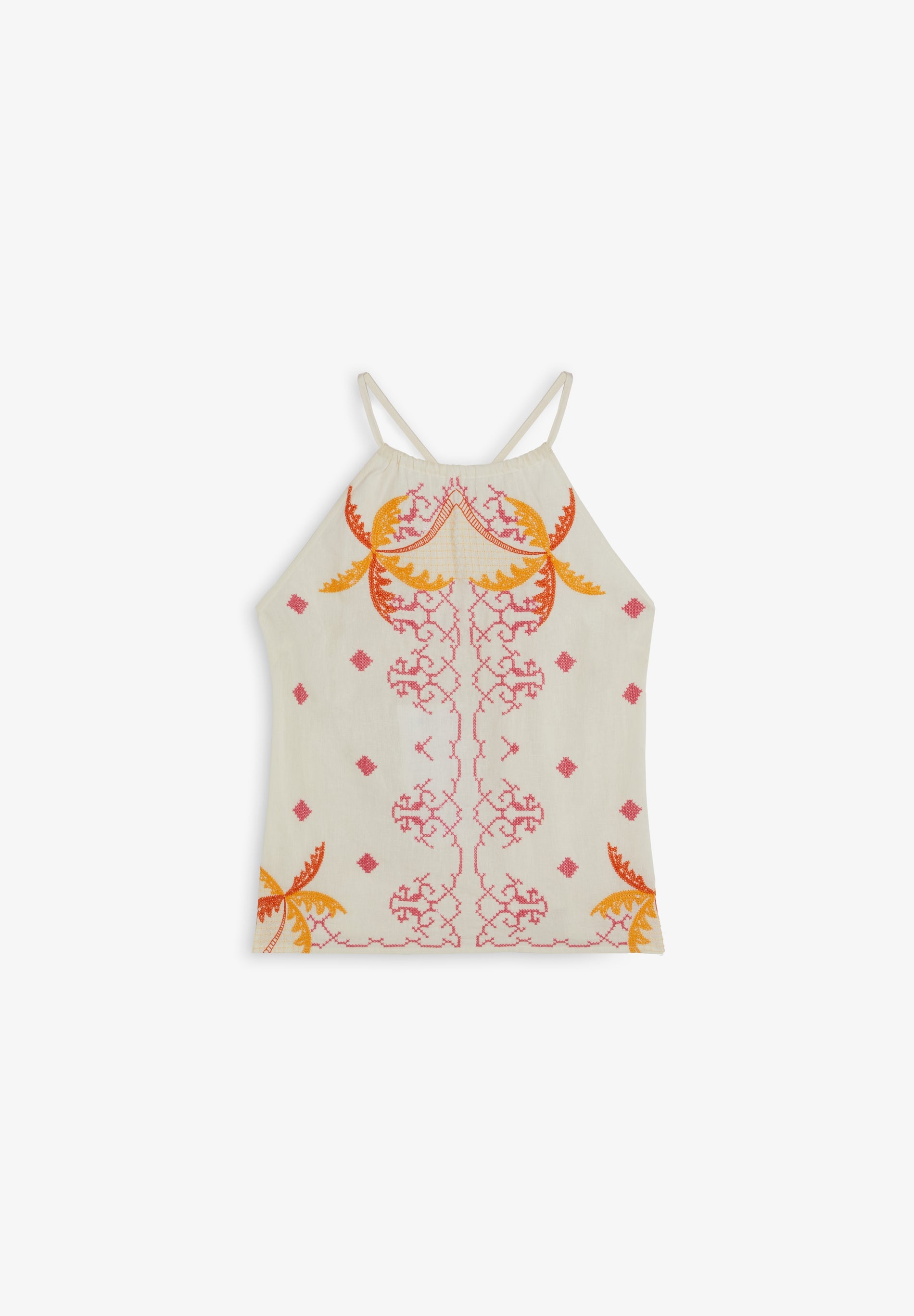 RUFFLED HALTER TOP WITH EMBROIDERY