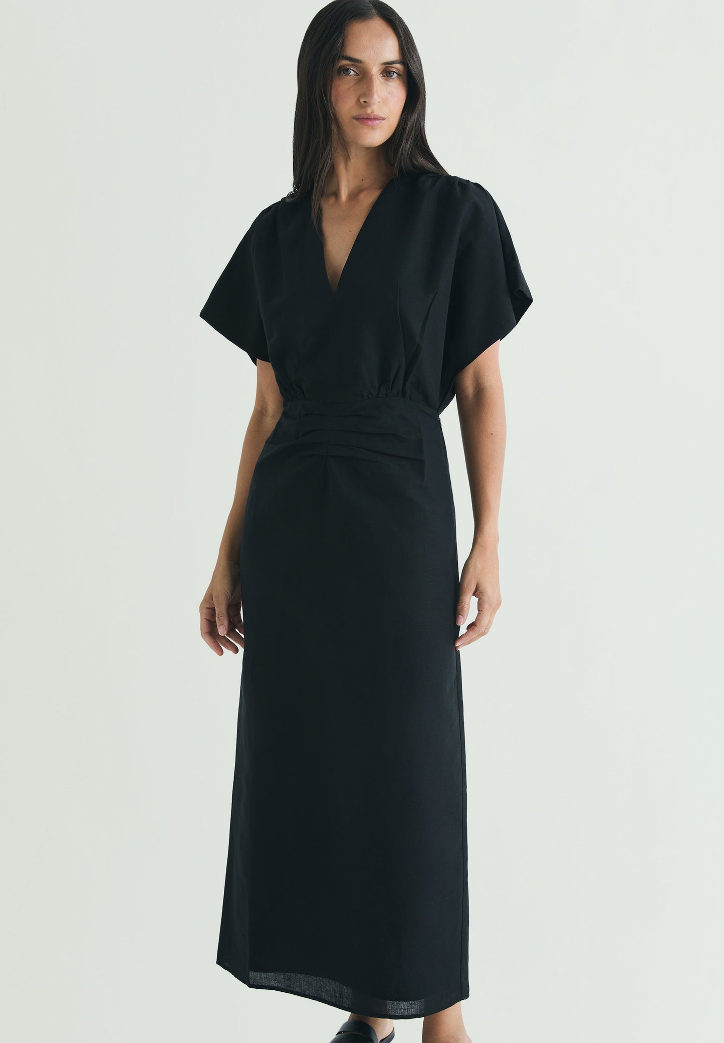 DRAPED LINEN MIDI DRESS