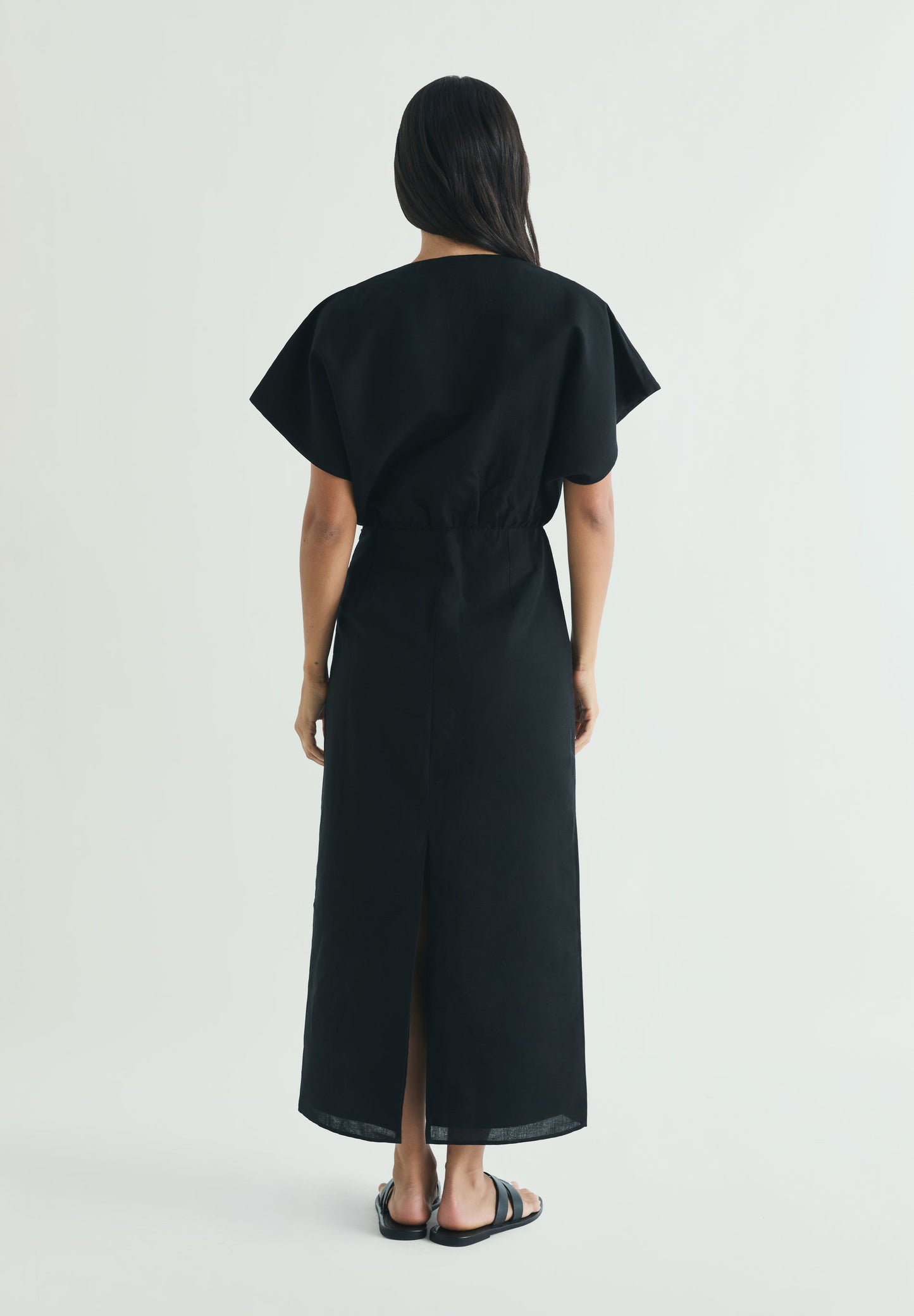 DRAPED LINEN MIDI DRESS