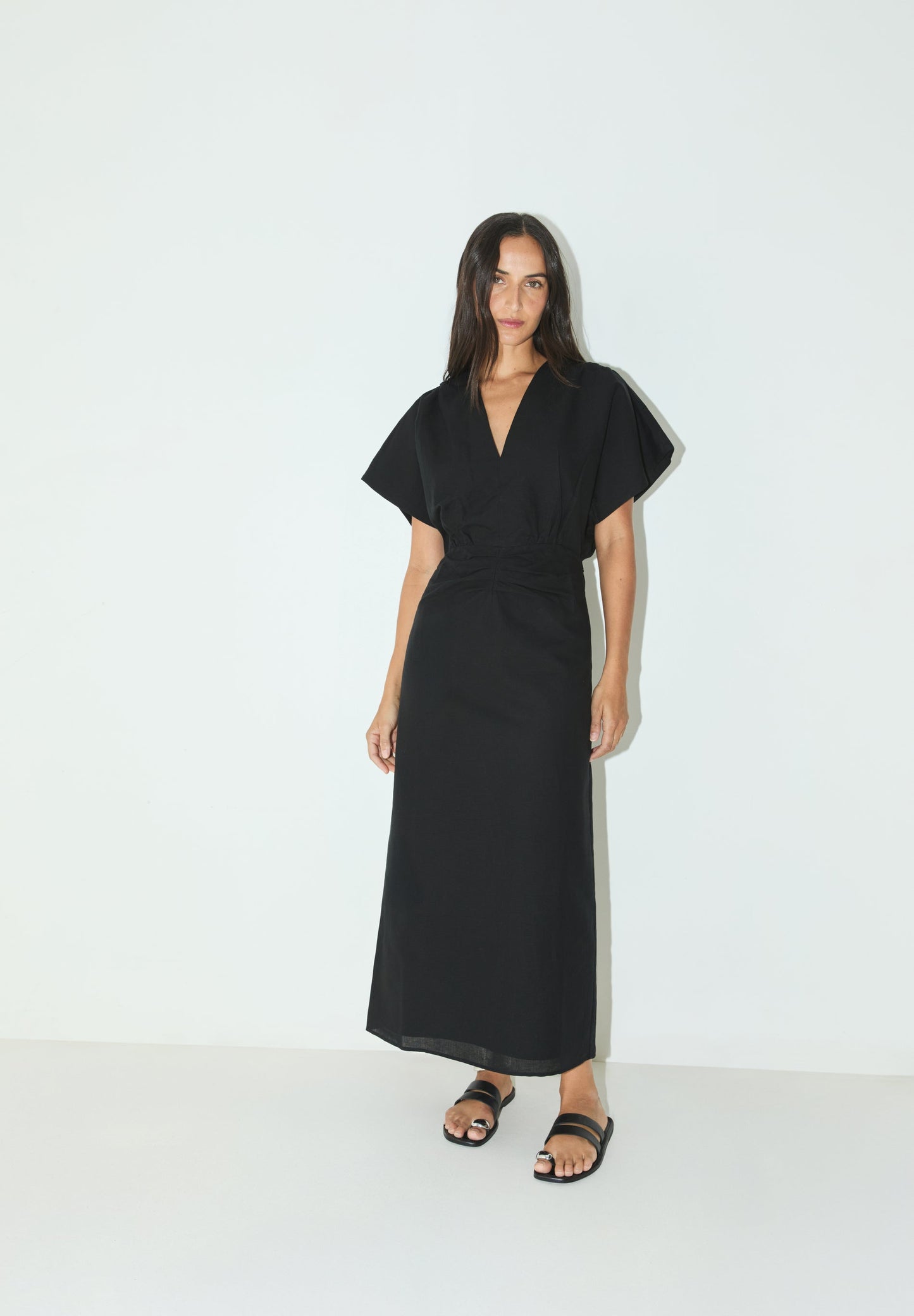 DRAPED LINEN MIDI DRESS