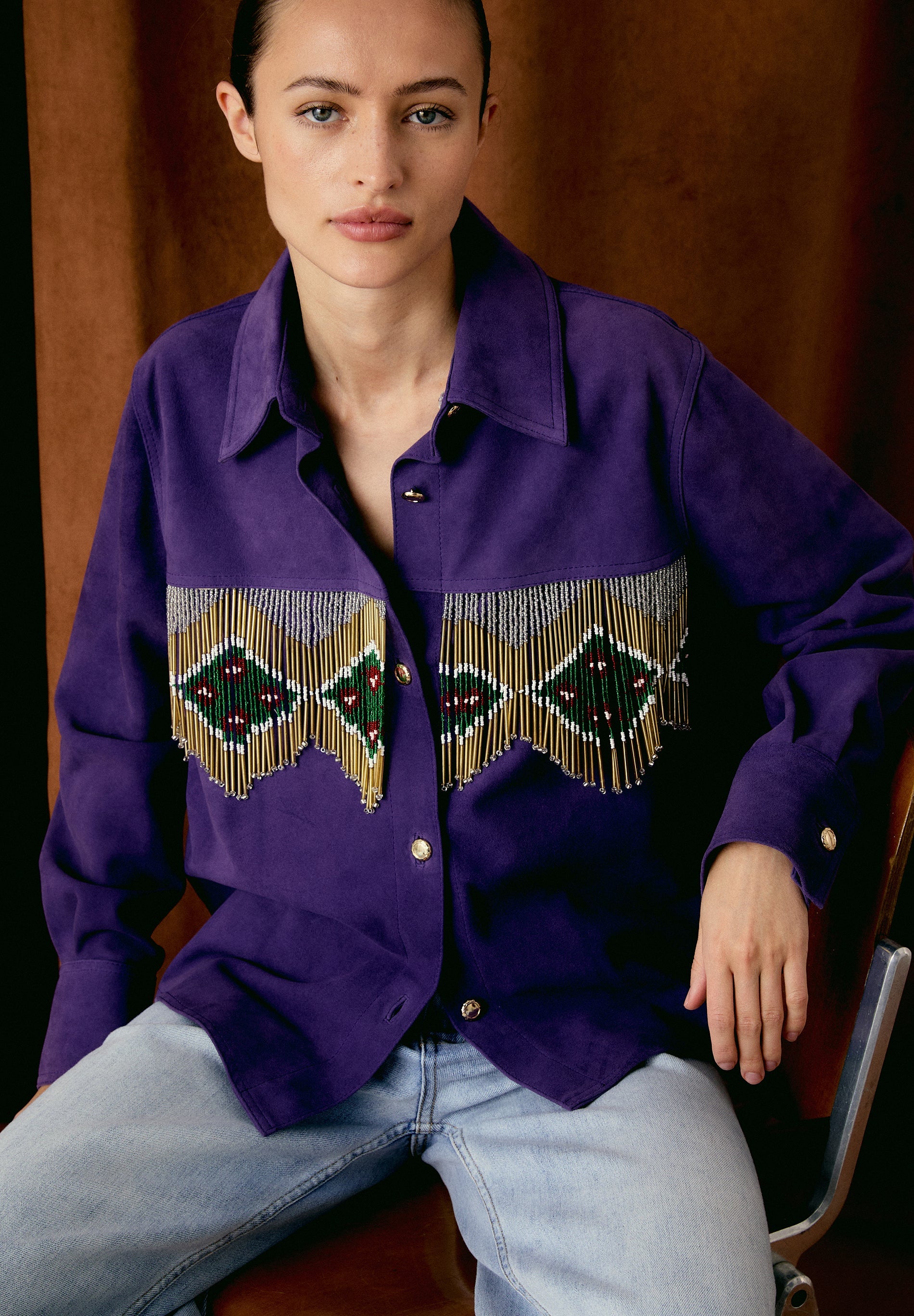 FRINGED SUEDE SHIRT WITH BEADS
